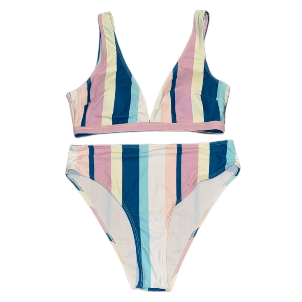 Women's Striped Bikini Set in Blue and Pink- High Waisted